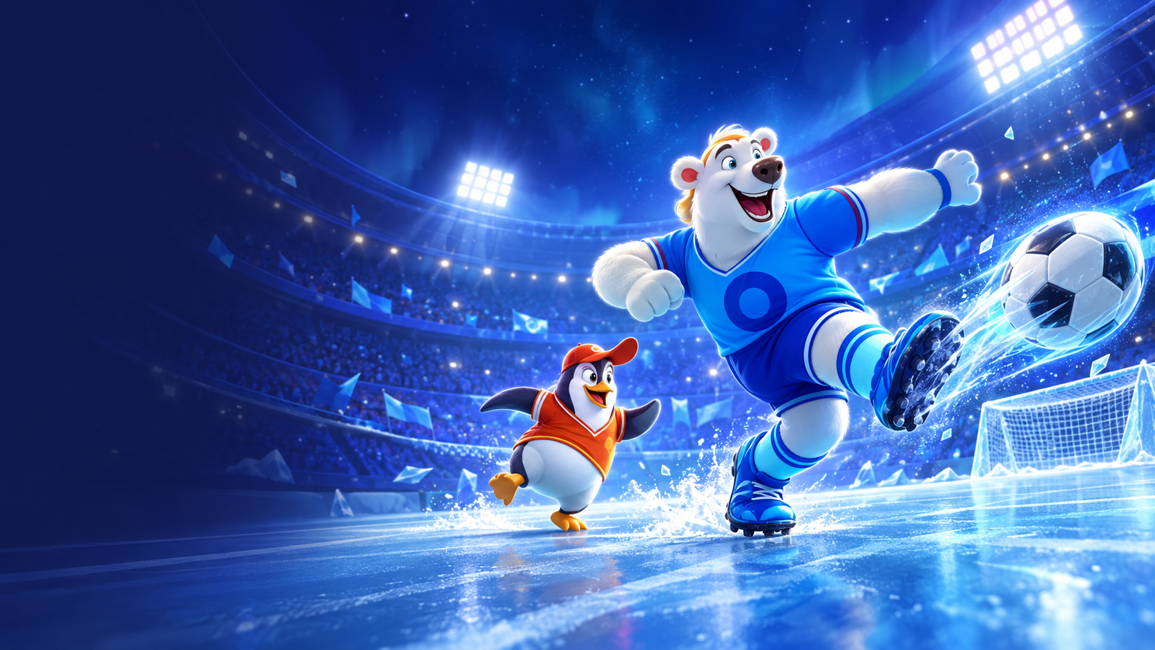 Polarbär und Pinguin in einer blauen Eis-Arena